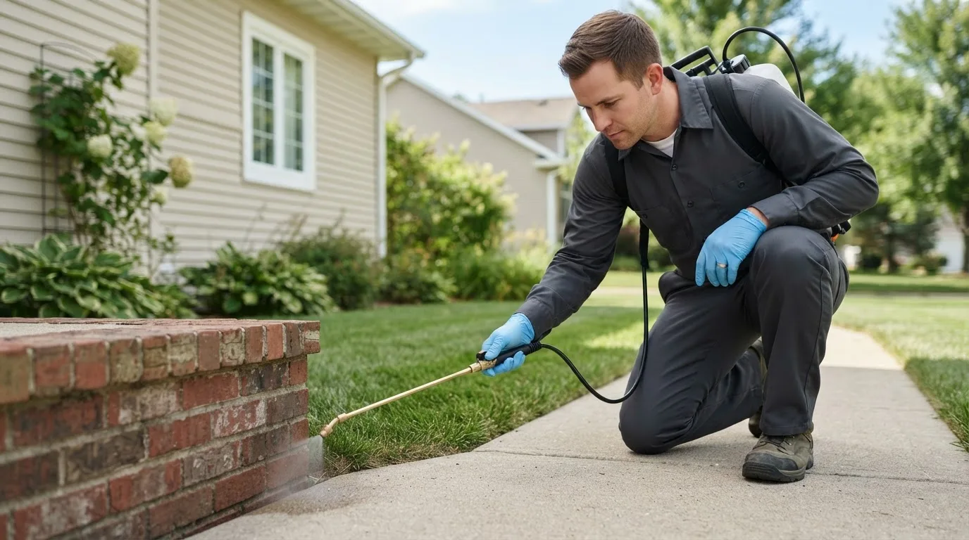 Pest control technician treating a home near Wheatfield, IN